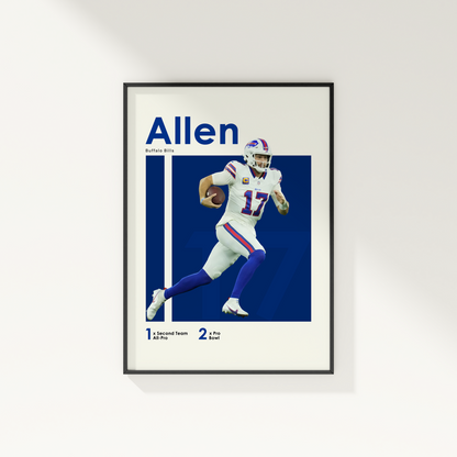 framed poster mockup of football player josh allen hanging on a white wall