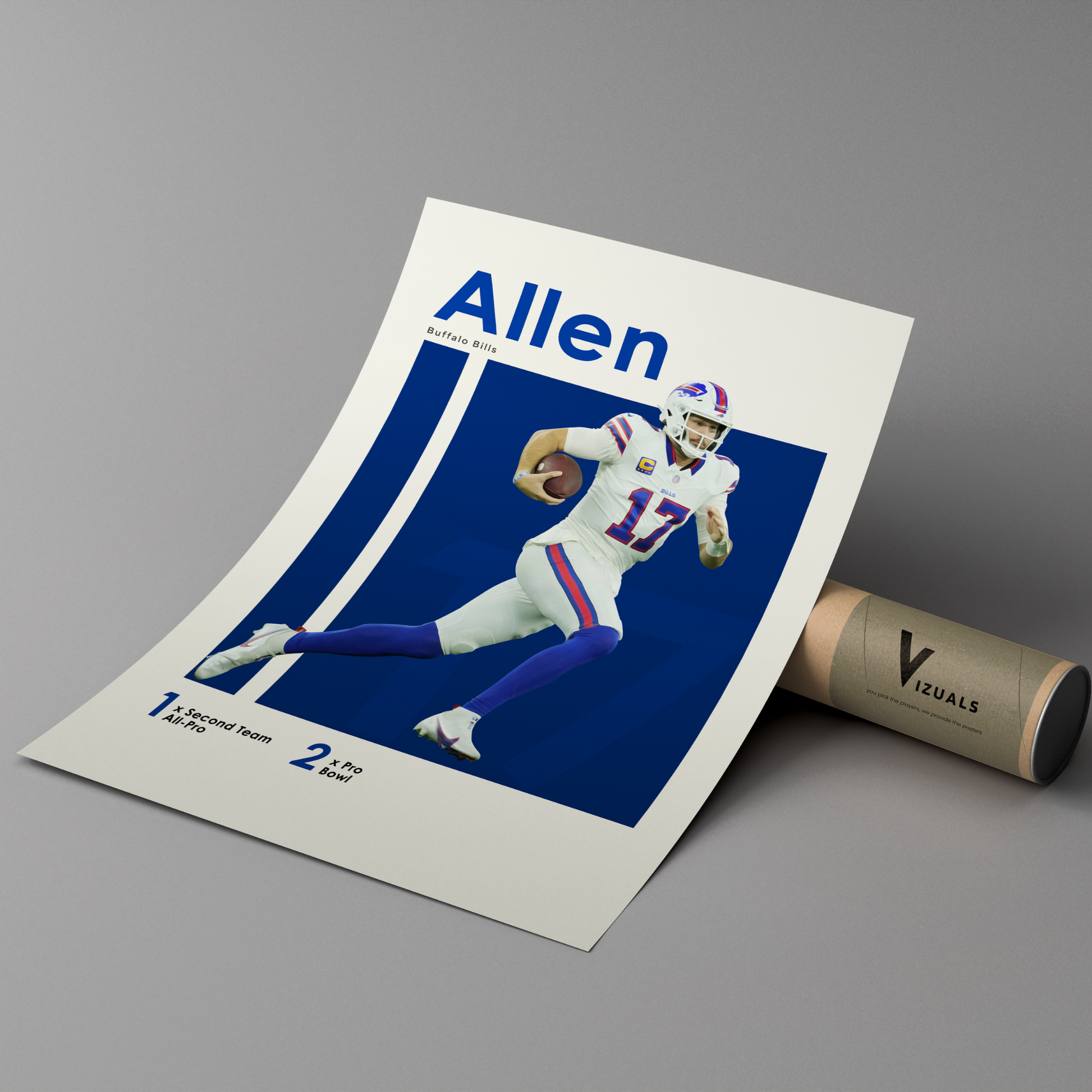 poster mockup of football player josh allen leaning on a cardboard tube