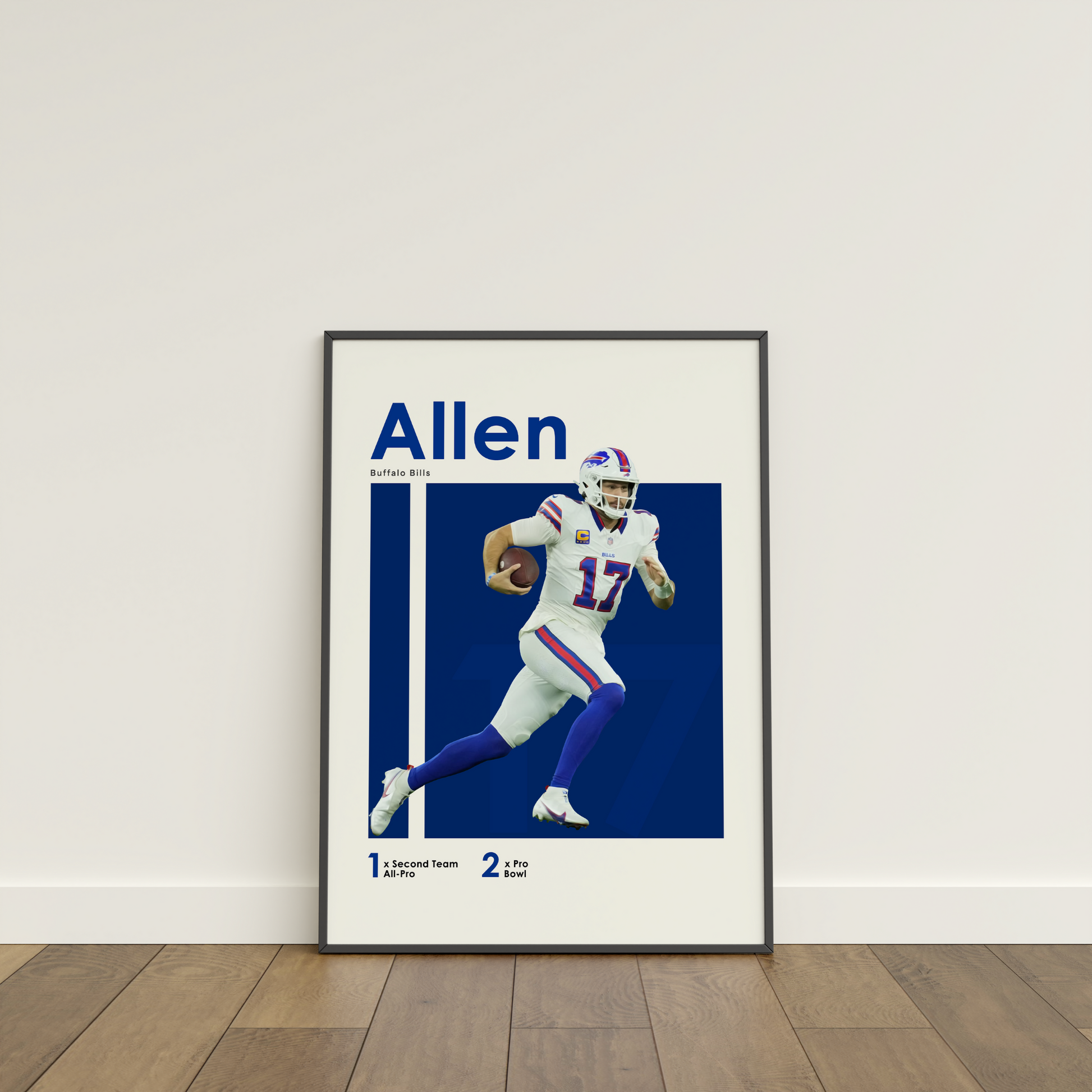 framed poster mockup of football player josh allen leaning on a white wall