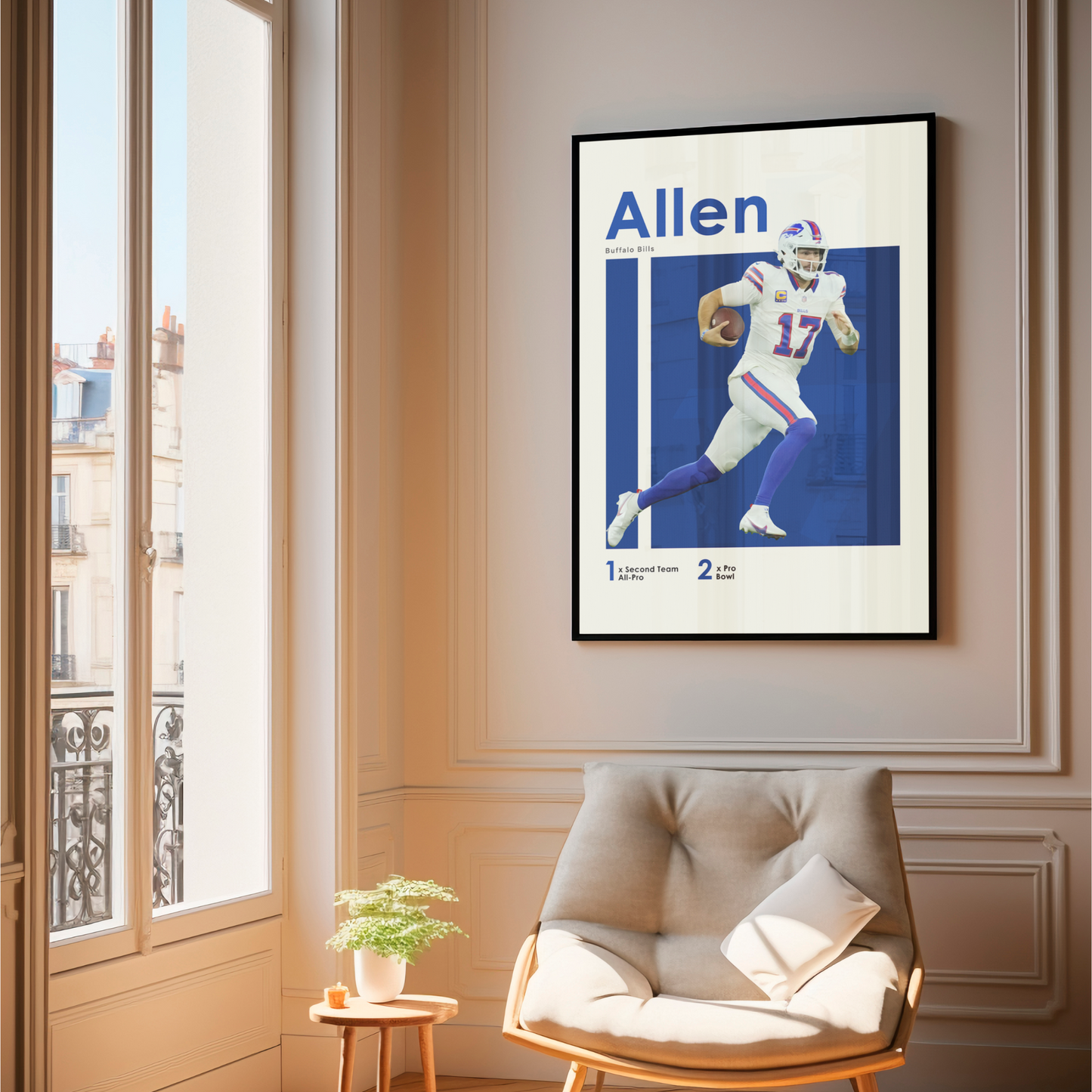 framed poster mockup of football player josh allen hanging in a living room