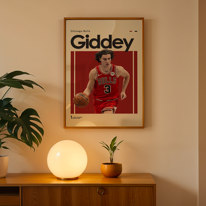 Framed poster of a basketball player with 'Giddey' on a wall above a wooden cabinet with decorative items.
