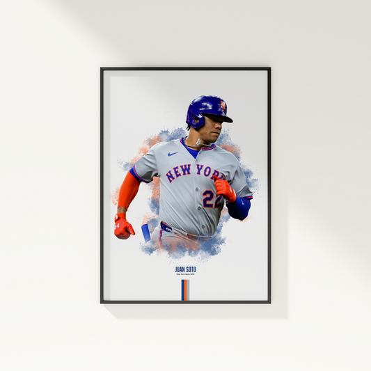 framed poster mockup hanging on a white wall. poster of baseball player juan soto playing for the new york mets.