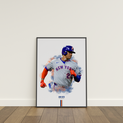 framed poster mockup leaning on a white wall. poster of baseball player juan soto playing for the new york mets.