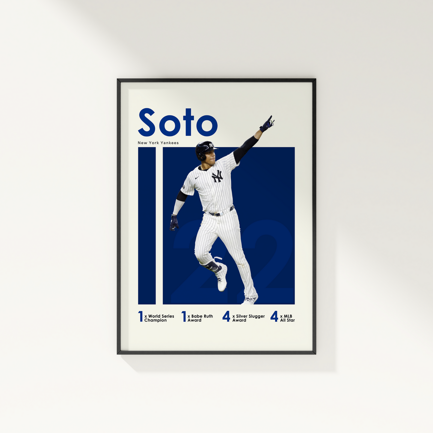 framed poster mockup of baseball player juan soto hanging on a white wall