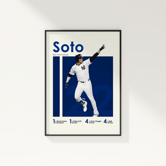 framed poster mockup of baseball player juan soto hanging on a white wall