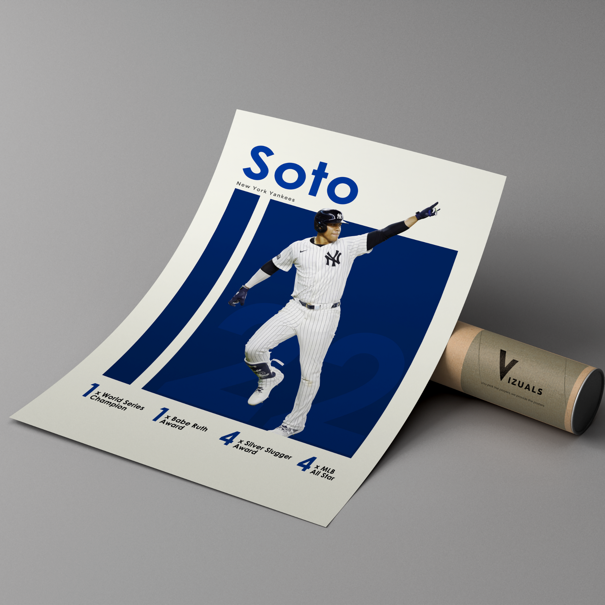 poster mockup of baseball player juan soto leaning on a cardboard tube