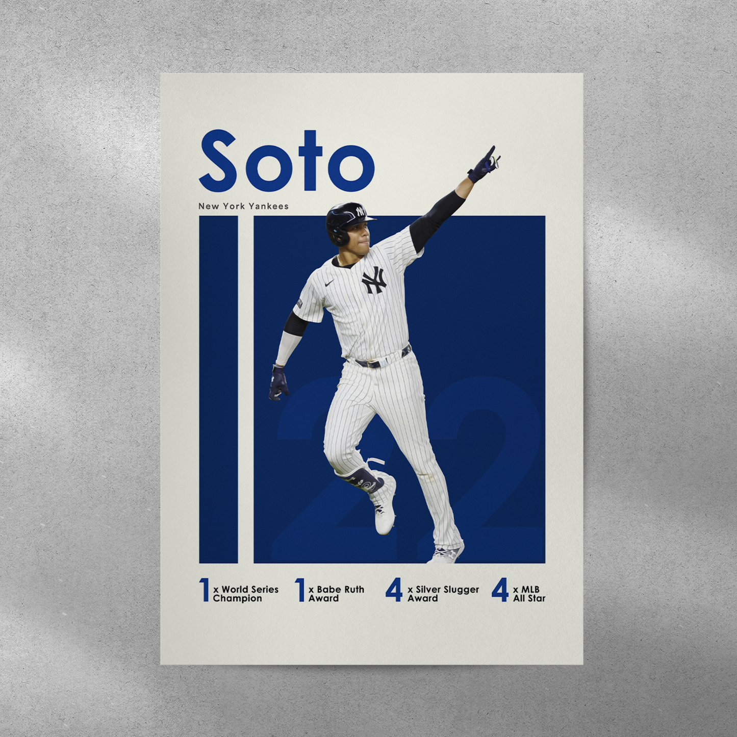 poster mockup of baseball player juan soto on a grey wall