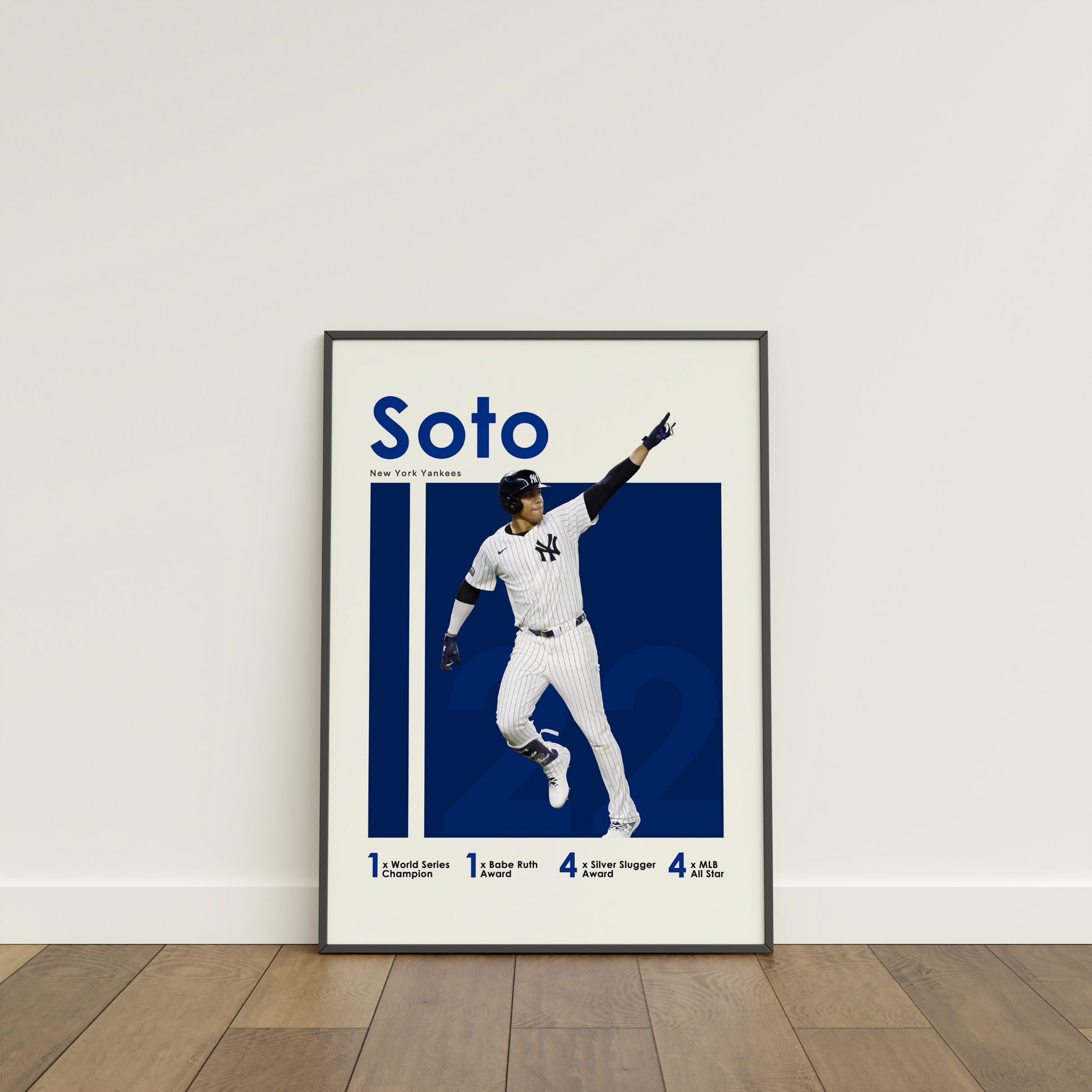 framed poster mockup of baseball player juan soto leaning on a white wall