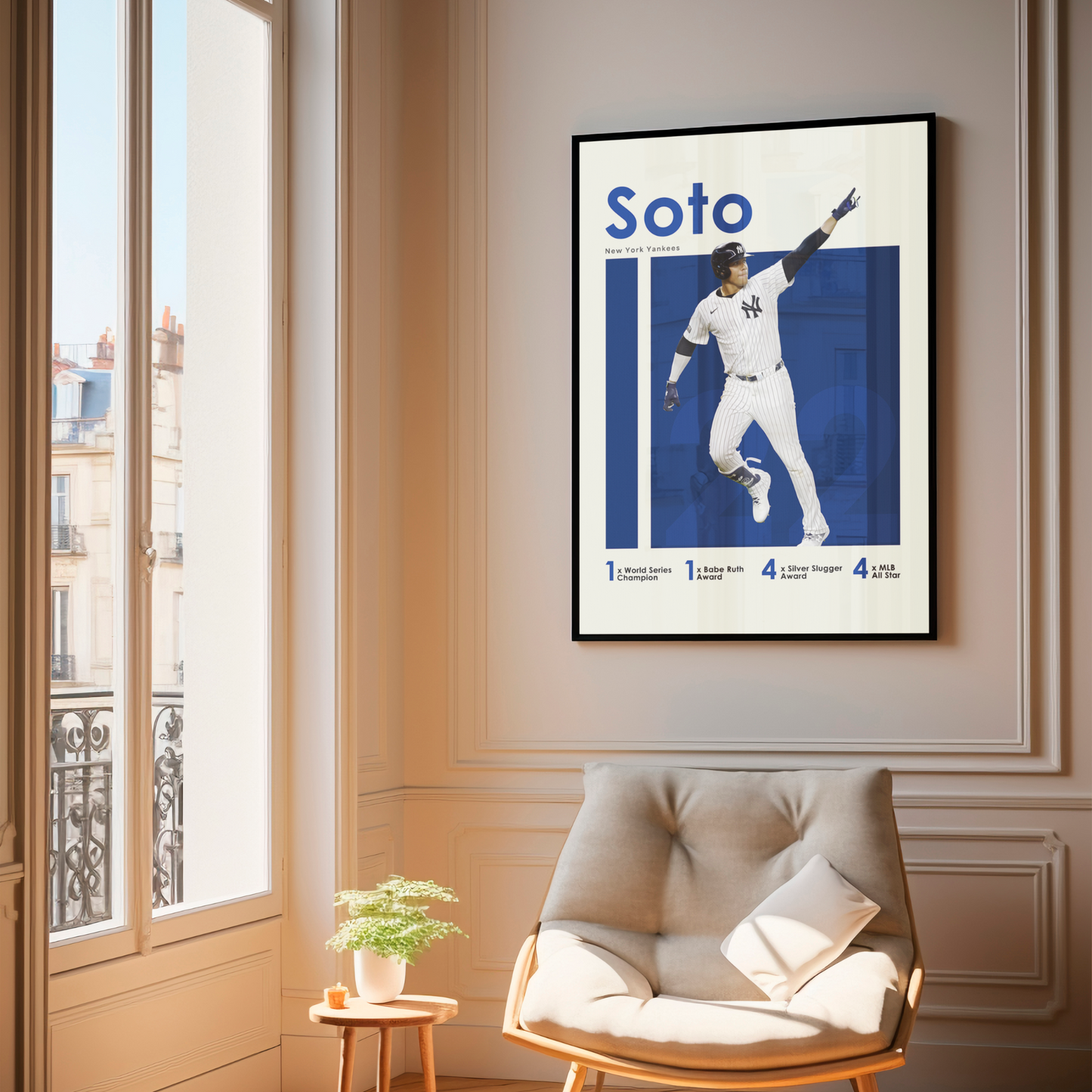 framed poster mockup of baseball player juan soto hanging in a living room