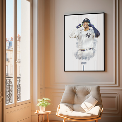 framed poster mockup of baseball player juan soto hanging in a living room