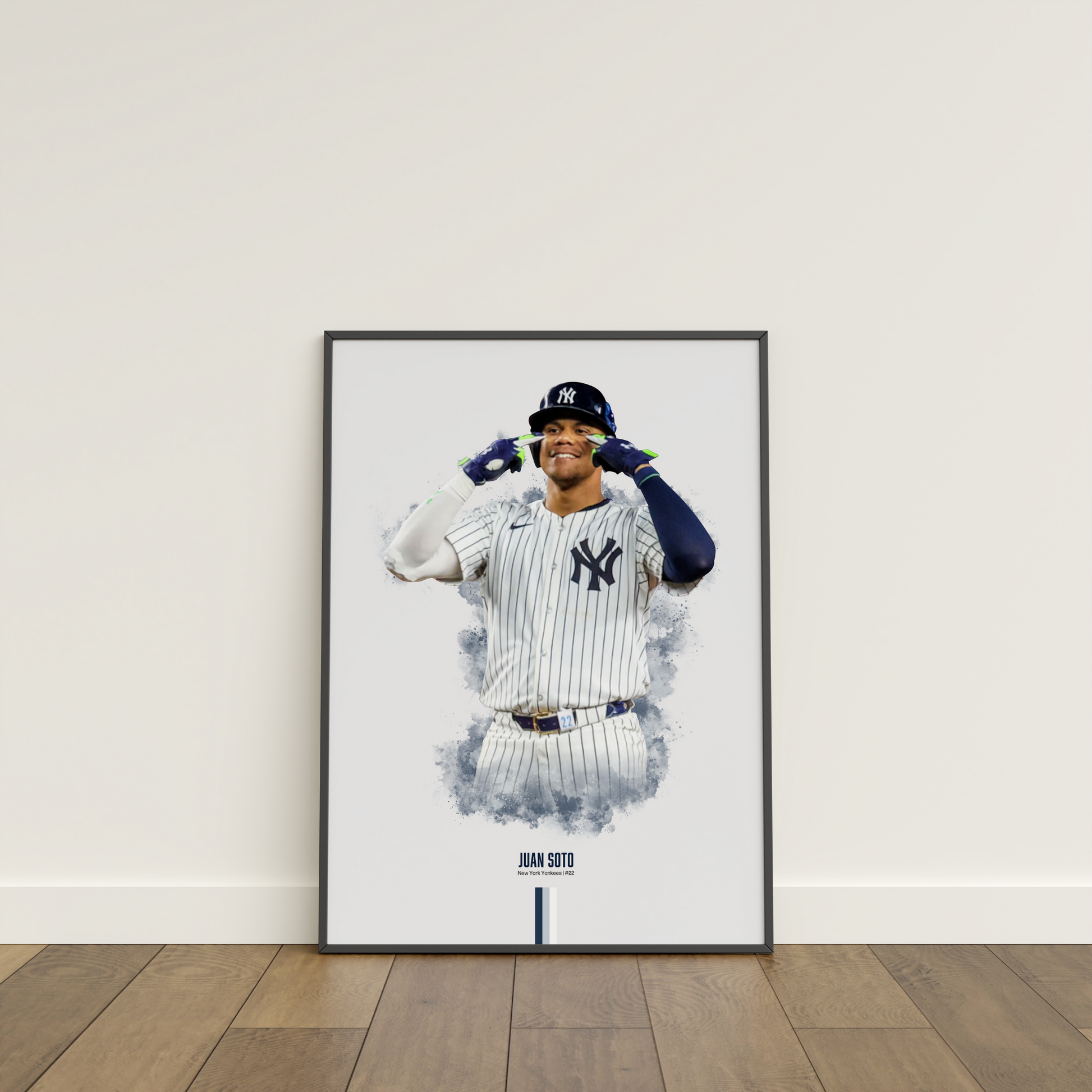 framed poster mockup of baseball player juan soto leaning on a white wall