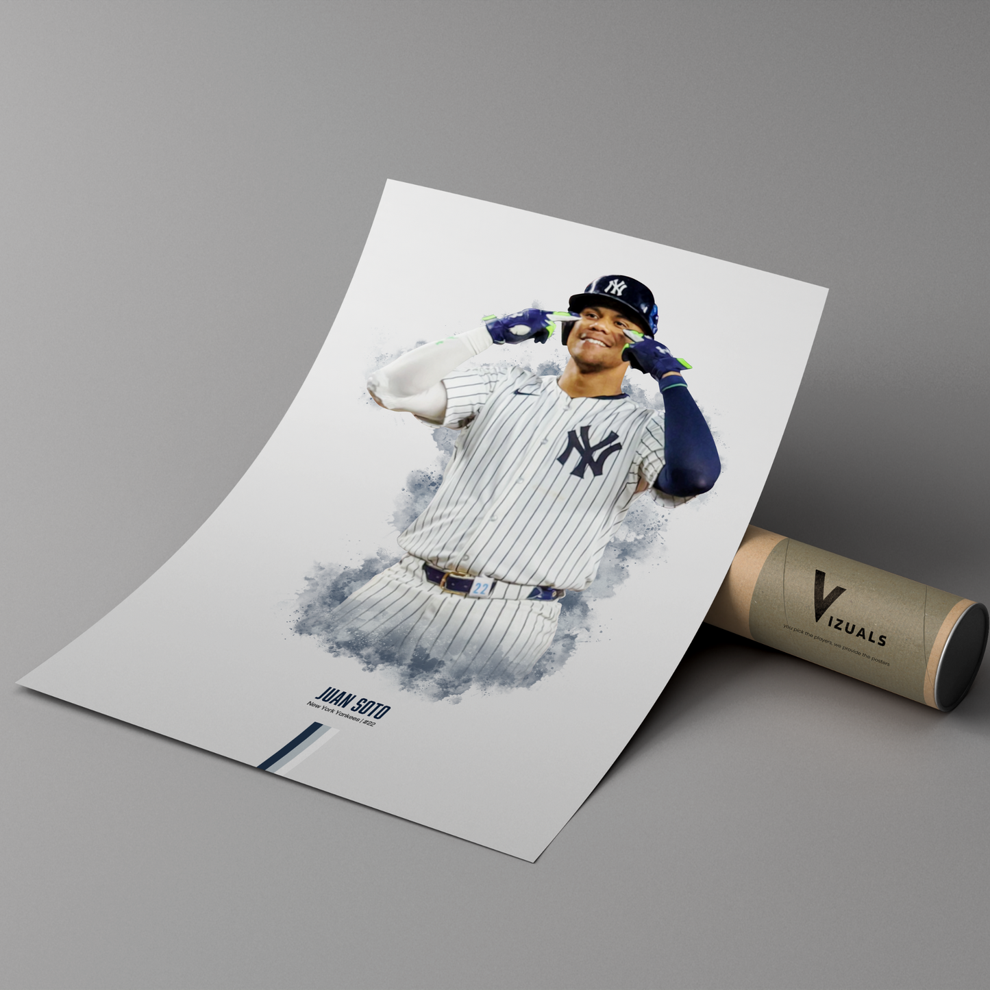 poster mockup of baseball player juan soto leaning on a cardboard tube