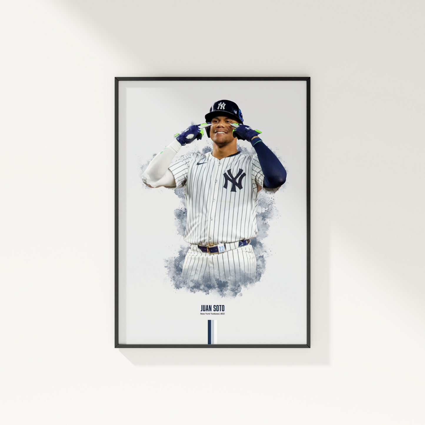 framed poster mockup of baseball player juan soto hanging on a white wall