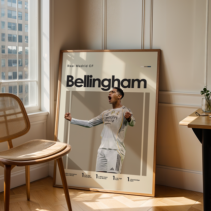 Poster of a soccer player with 'Bellingham' on it, leaning against a wall in a room with a chair and table.