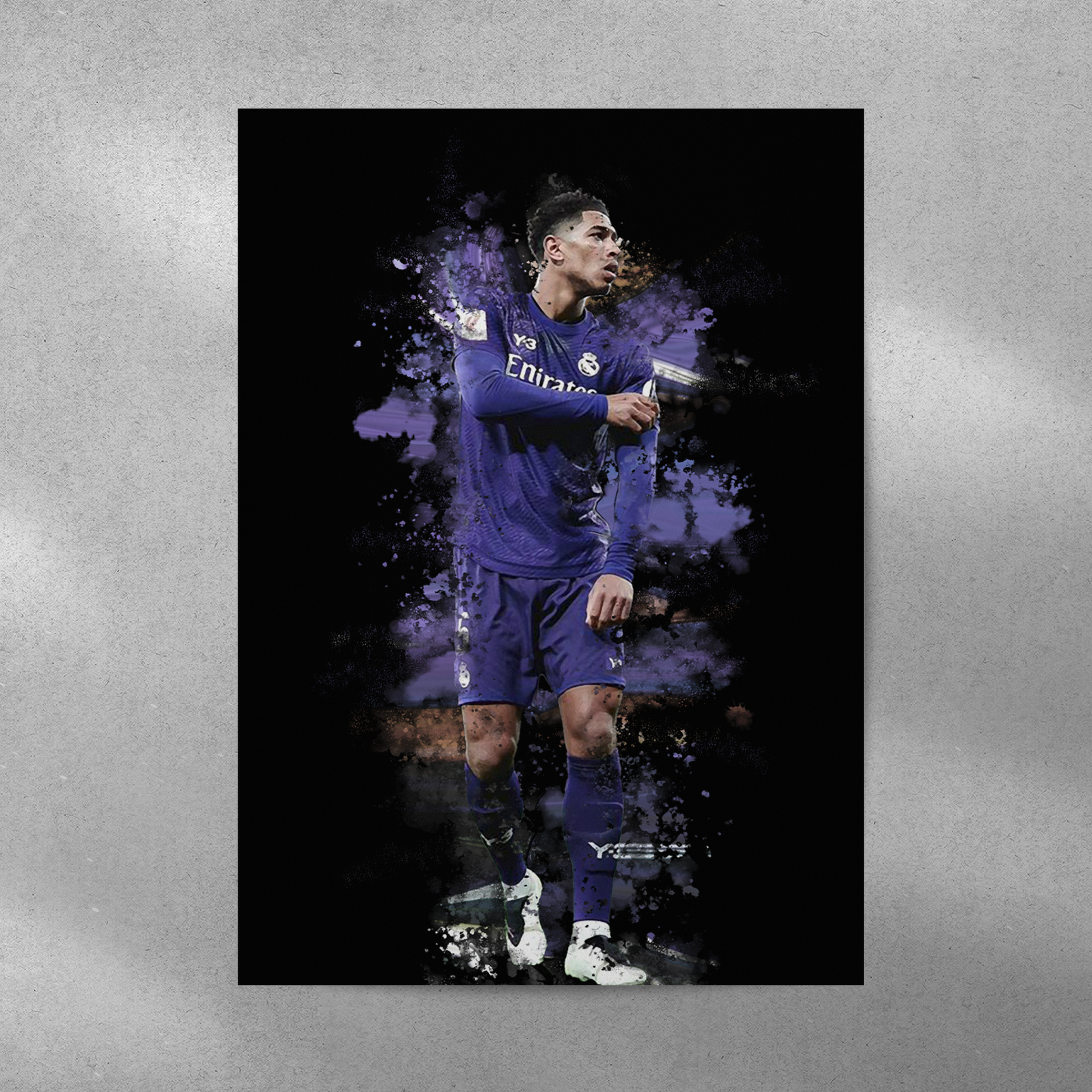 poster mockup of soccer player jude bellingham on a grey wall