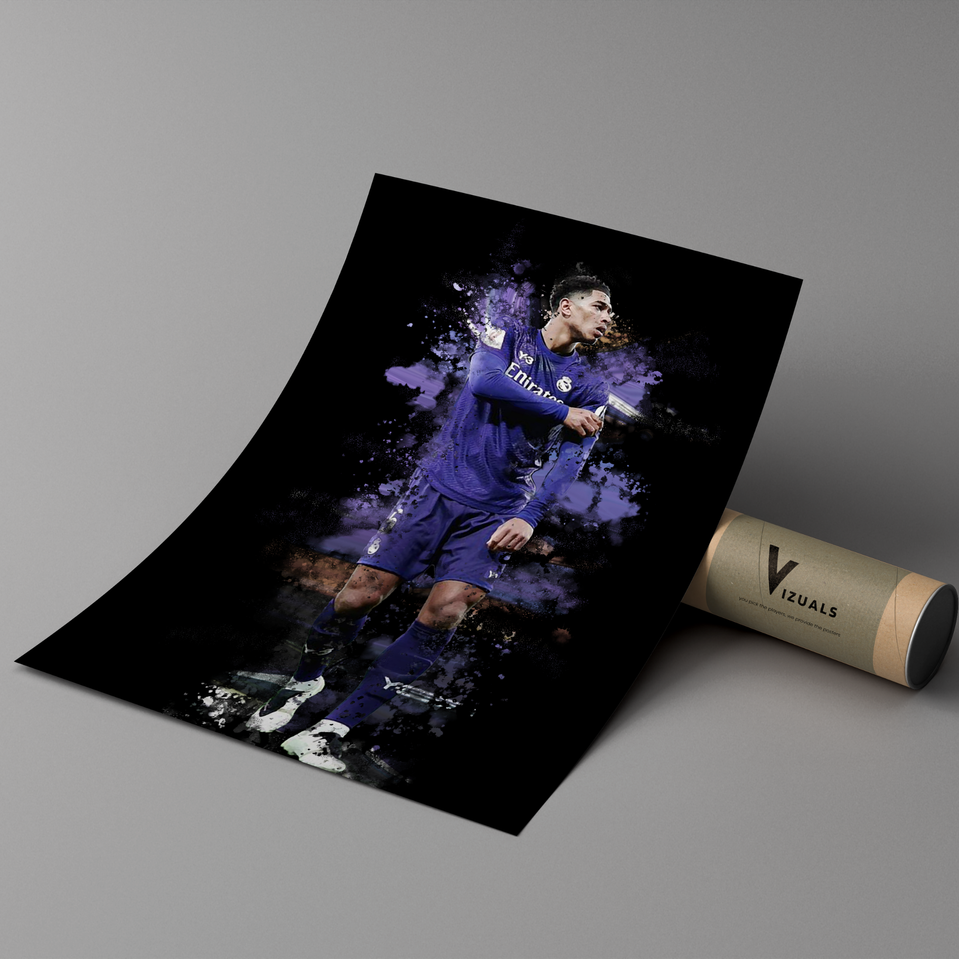 poster mockup of soccer player jude bellingham leaning on a cardboard tube