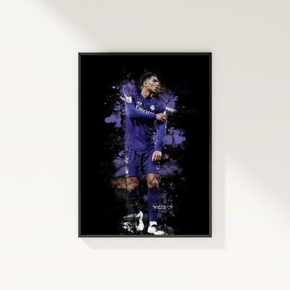 framed poster mockup of soccer player jude bellingham hanging on a white wall