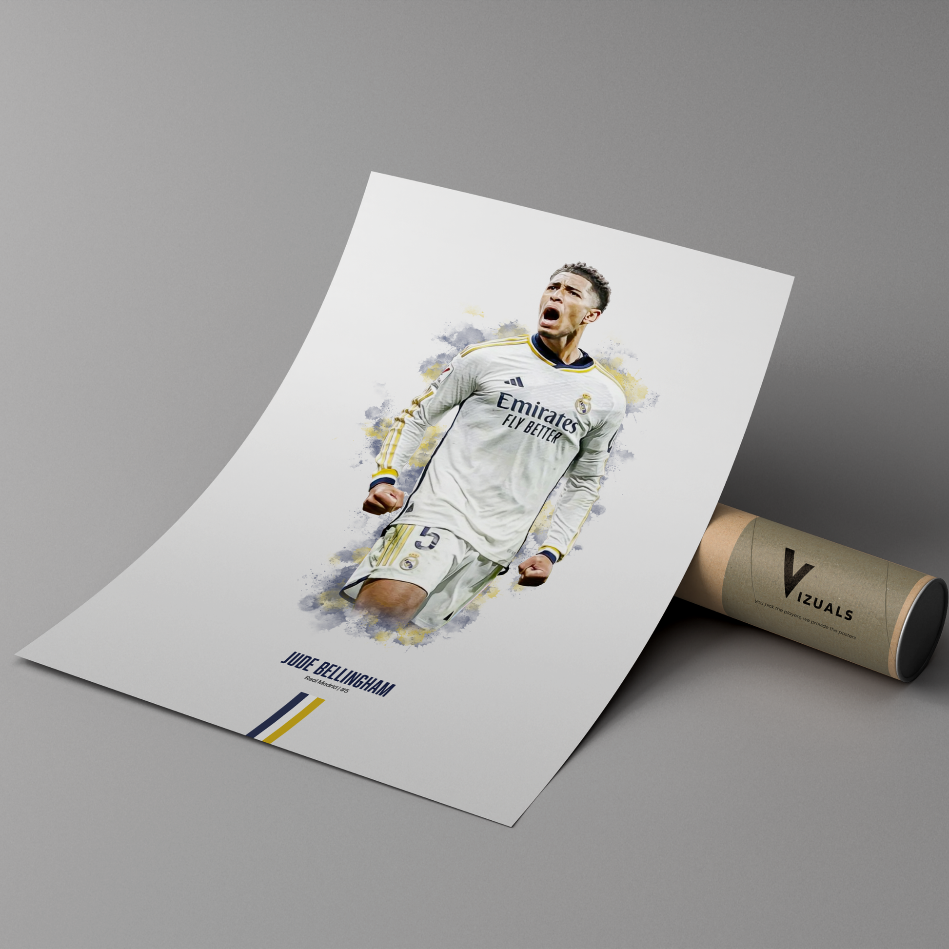 poster mockup of soccer player jude bellingham leaning on a cardboard tube