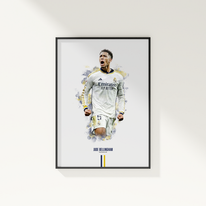 framed poster mockup of soccer player jude bellingham hanging on a white wall