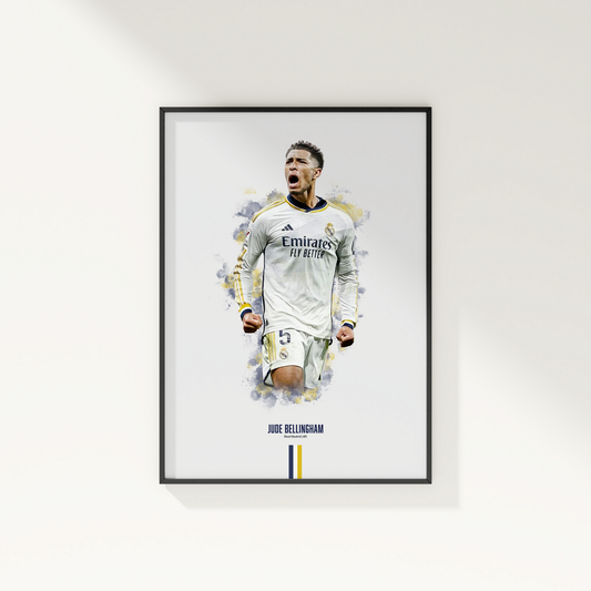 framed poster mockup of soccer player jude bellingham hanging on a white wall