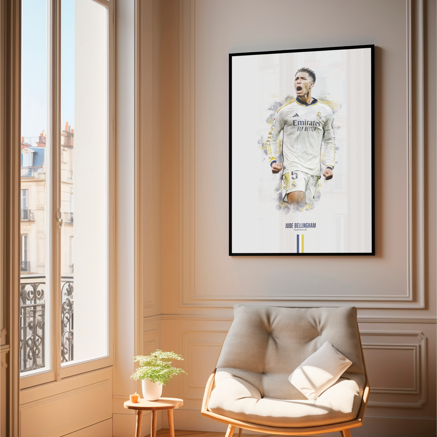 framed poster mockup of soccer player jude bellingham hanging in a living room