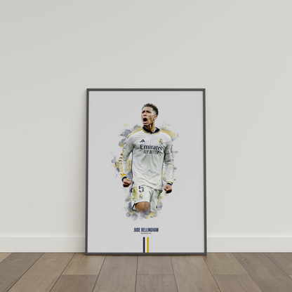 framed poster mockup of soccer player jude bellingham leaning on a white wall