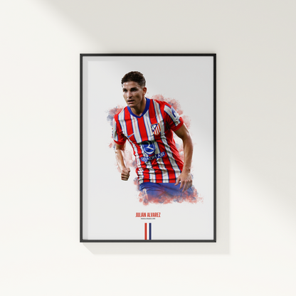 framed poster mockup of soccer player julian alvarez hanging on a white wall