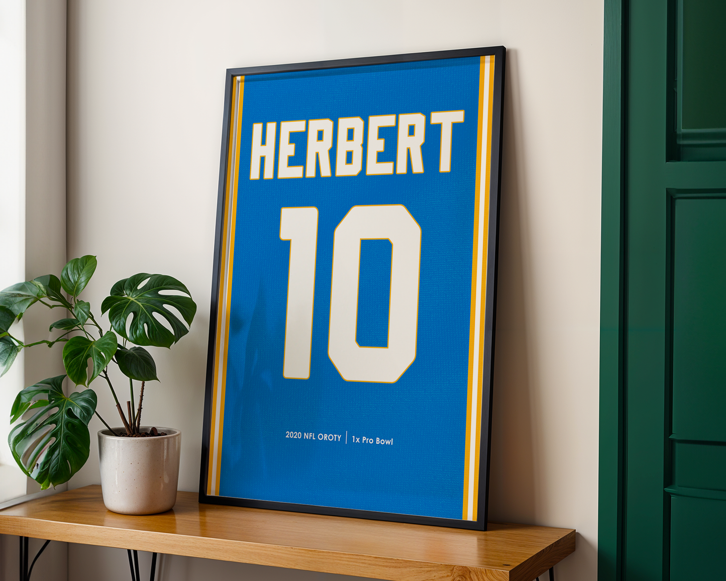 Framed sports jersey with 'HERBERT 10' on a wooden shelf with a plant.