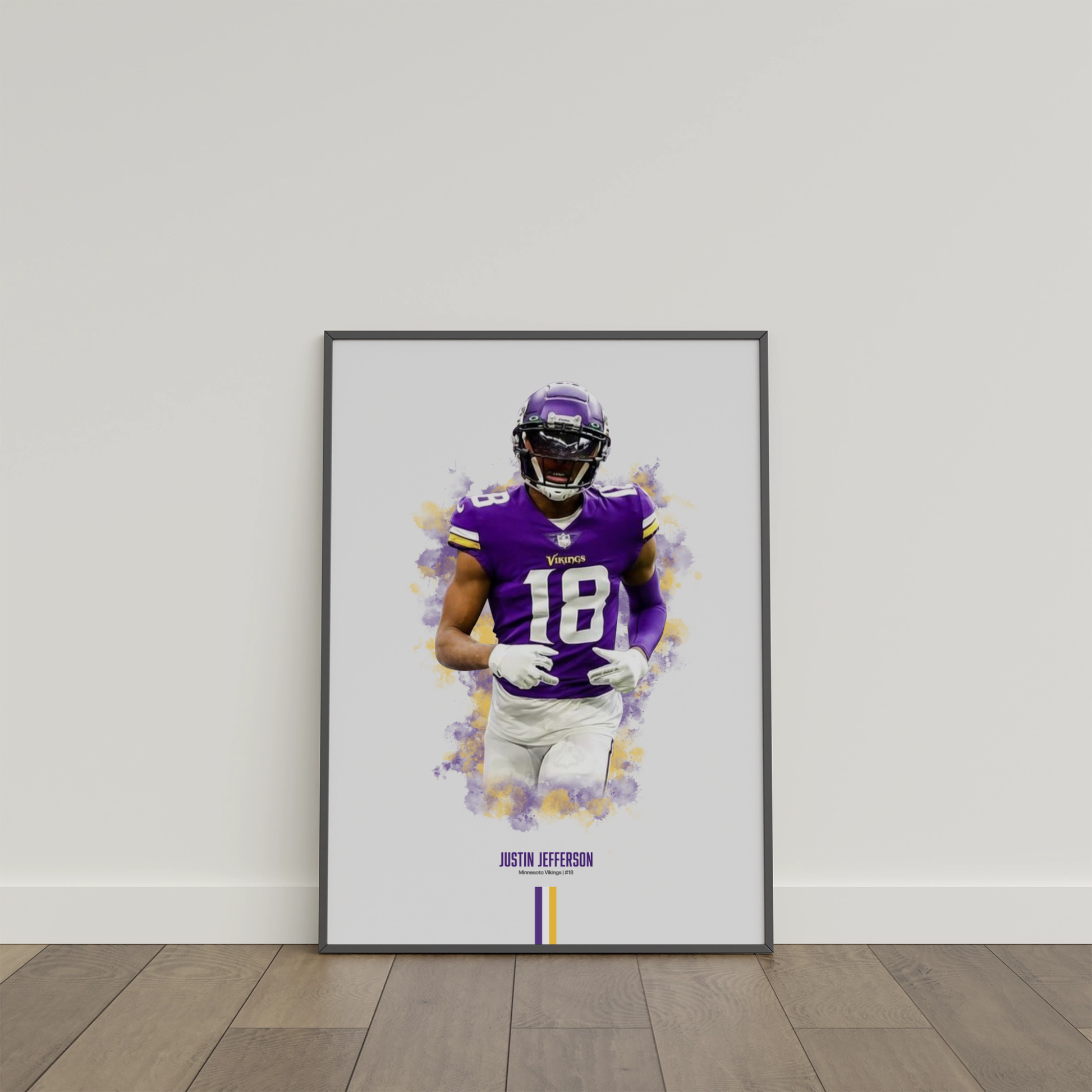 framed poster mockup of football player justin jefferson leaning on a white wall