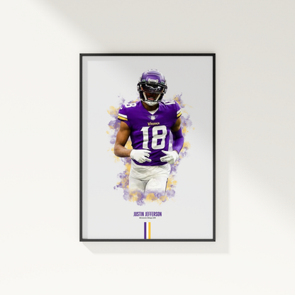 framed poster mockup of football player justin jefferson hanging on a white wall