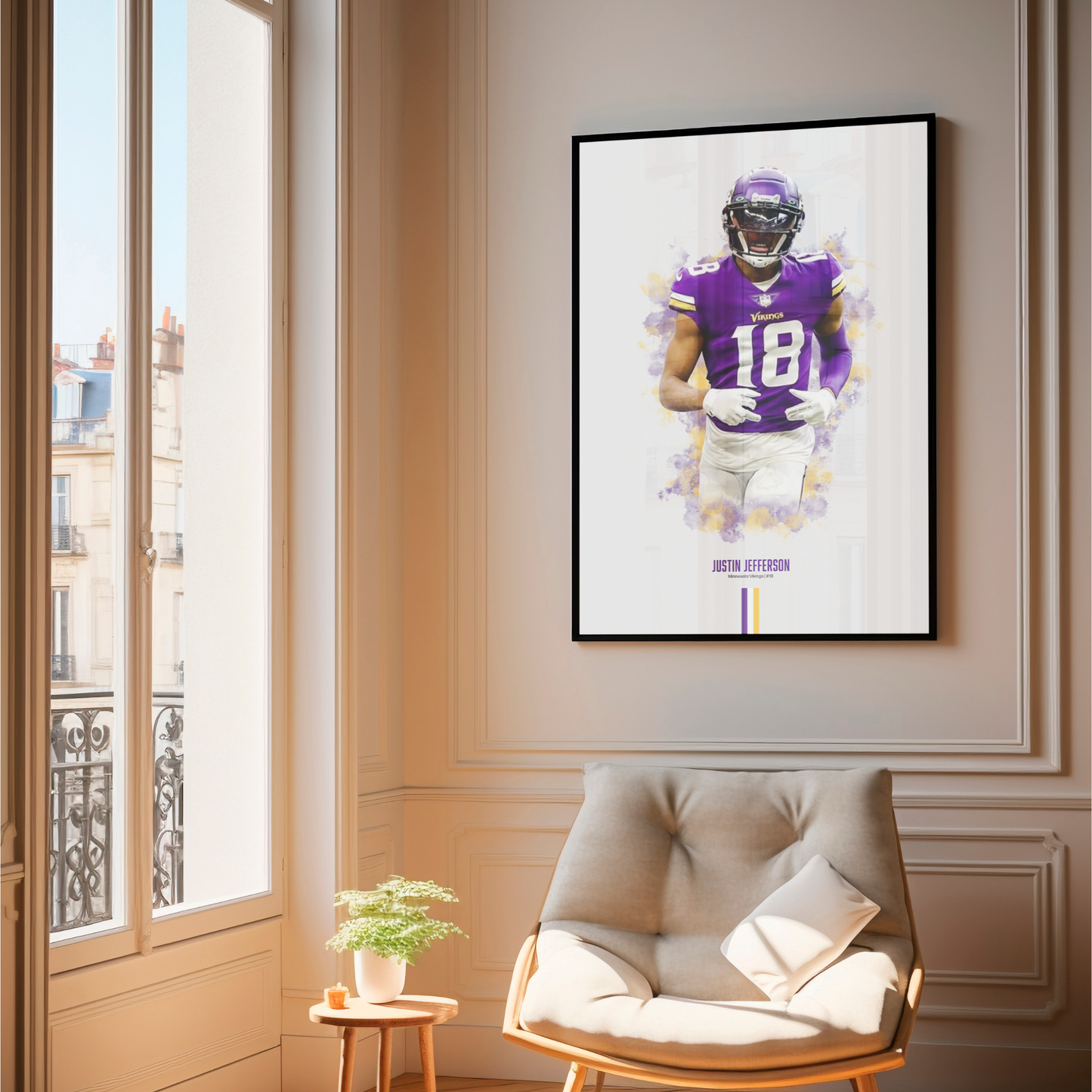 framed poster mockup of football player justin jefferson hanging in a living room