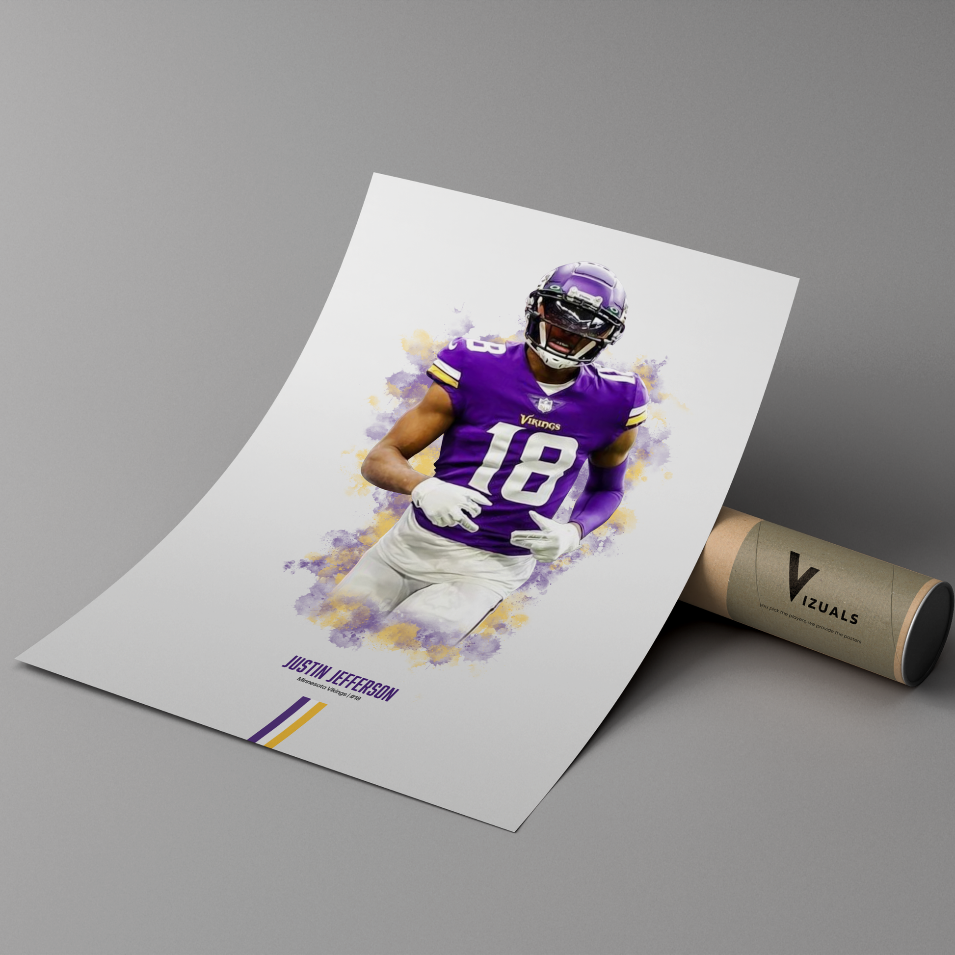 poster mockup of football player justin jefferson leaning on a cardboard tube