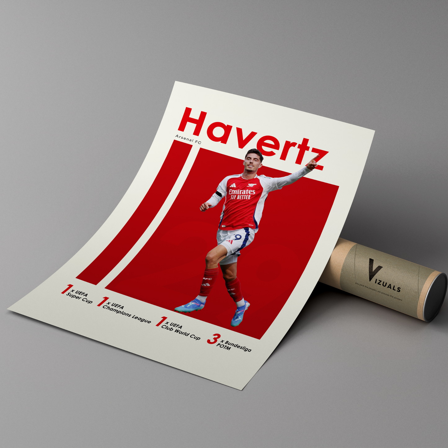 poster mockup of soccer player kai havertz leaning on a cardboard tube