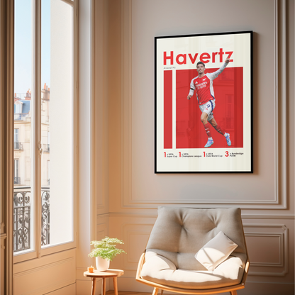 framed poster mockup of soccer player kai havertz hanging in a living room