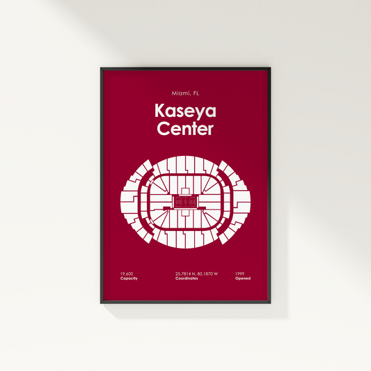 Framed poster of Kaseya Center layout on a red background
