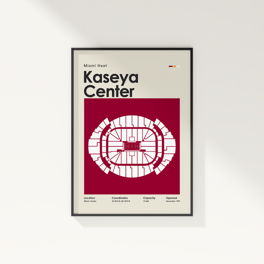 Framed poster of Kaseya Center layout with Miami Heat branding on a white wall.