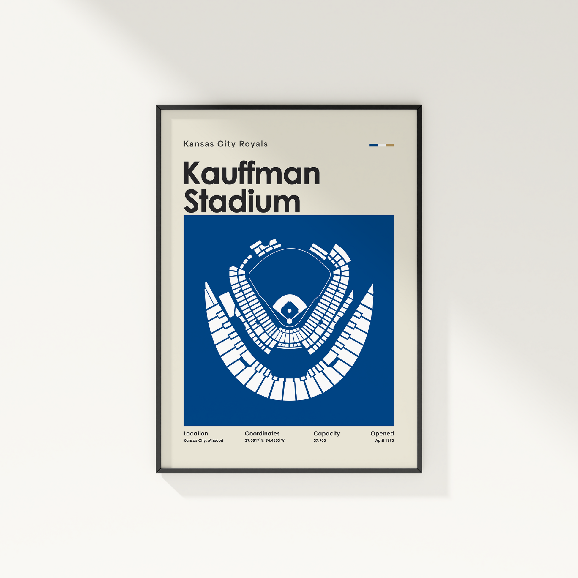 Framed poster of Kauffman Stadium with Kansas City Royals text on a white wall.