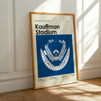 Framed poster of Kauffman Stadium with Kansas City Royals text on a wall.