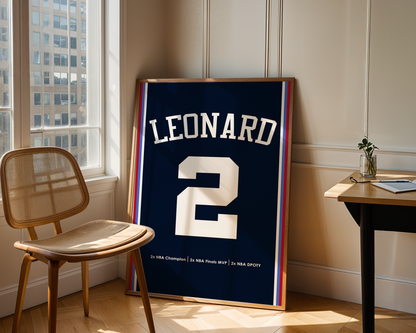 Framed sports jersey with 'LEONARD' and number '2' in a room with a window and chair.