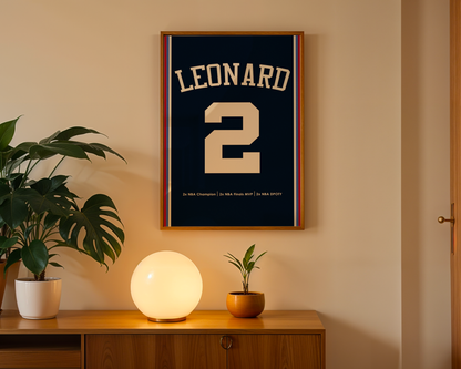 Framed jersey with 'LEONARD 2' on a wall above a wooden cabinet with decorative items.