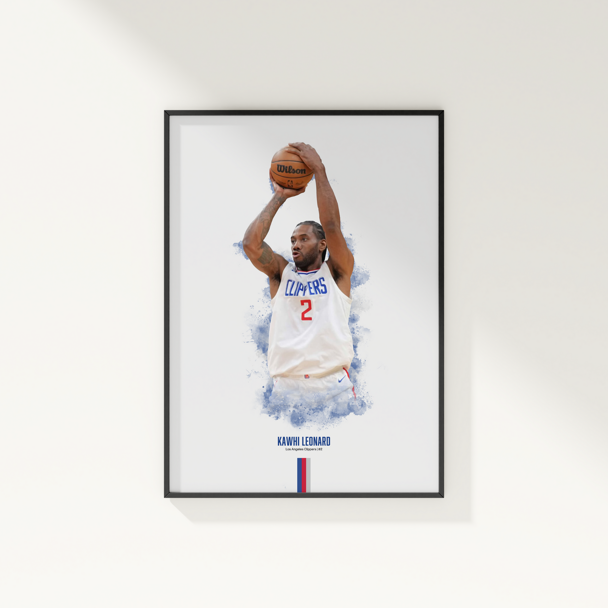 framed poster mockup of basketball player kawhi leonard hanging on a white wall