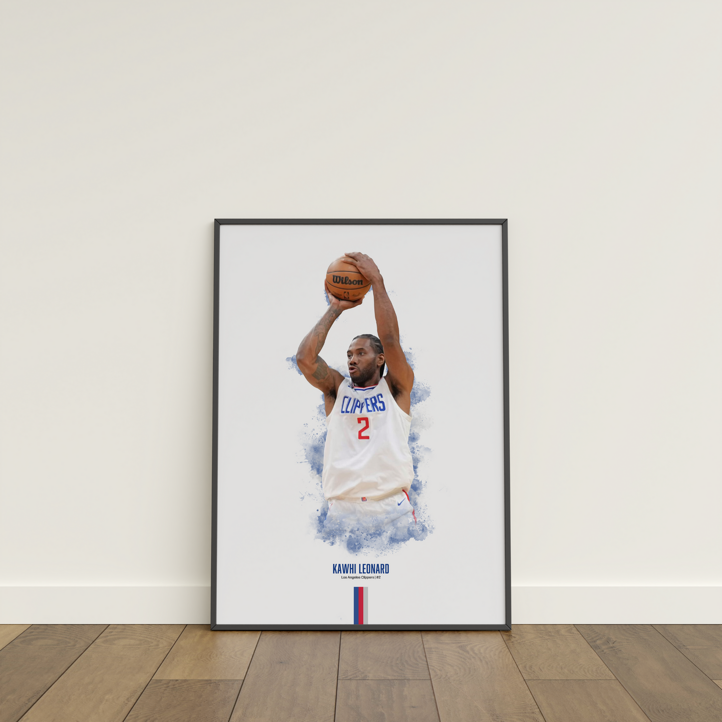 framed poster mockup of basketball player kawhi leonard leaning on a white wall