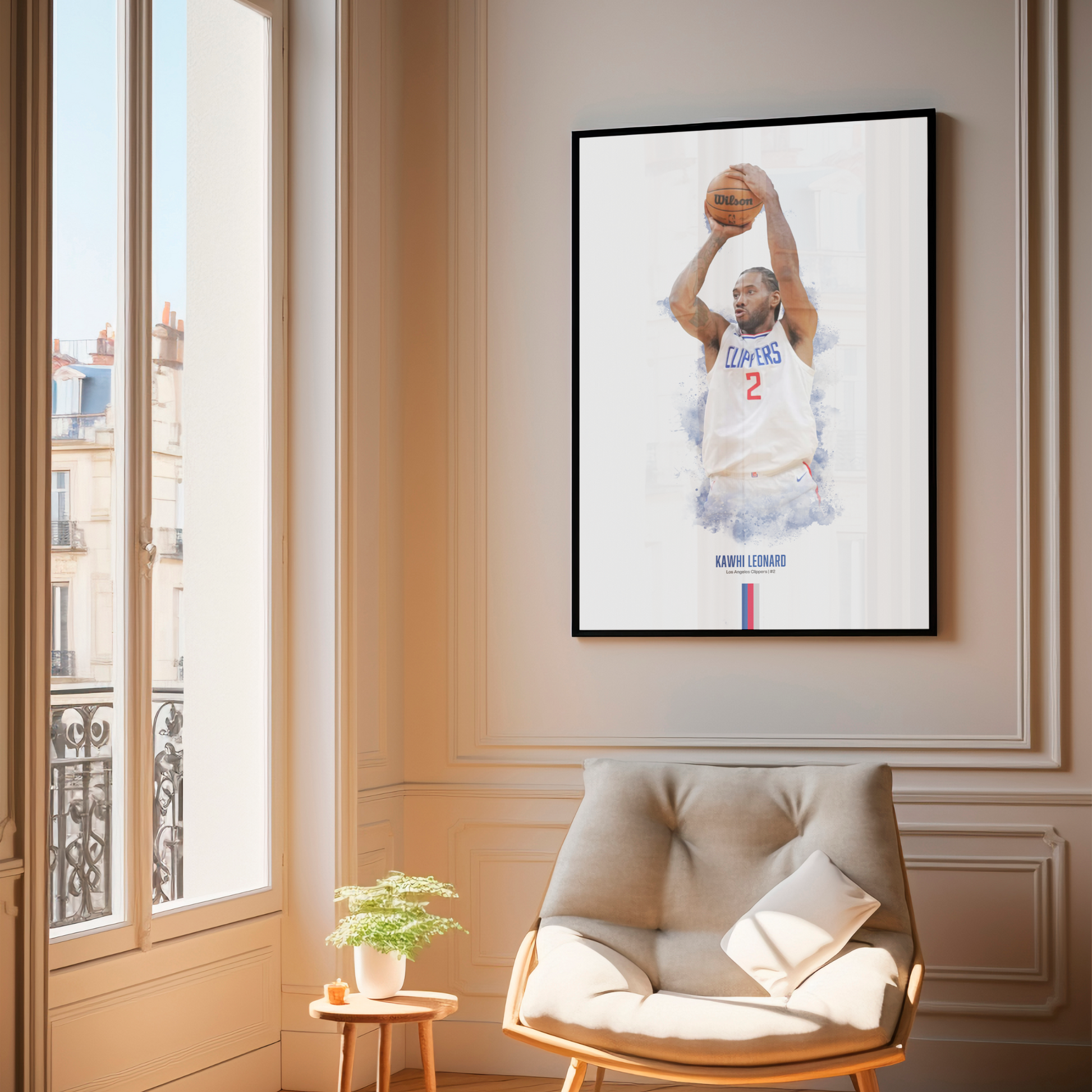 framed poster mockup of basketball player kawhi leonard hanging in a living room