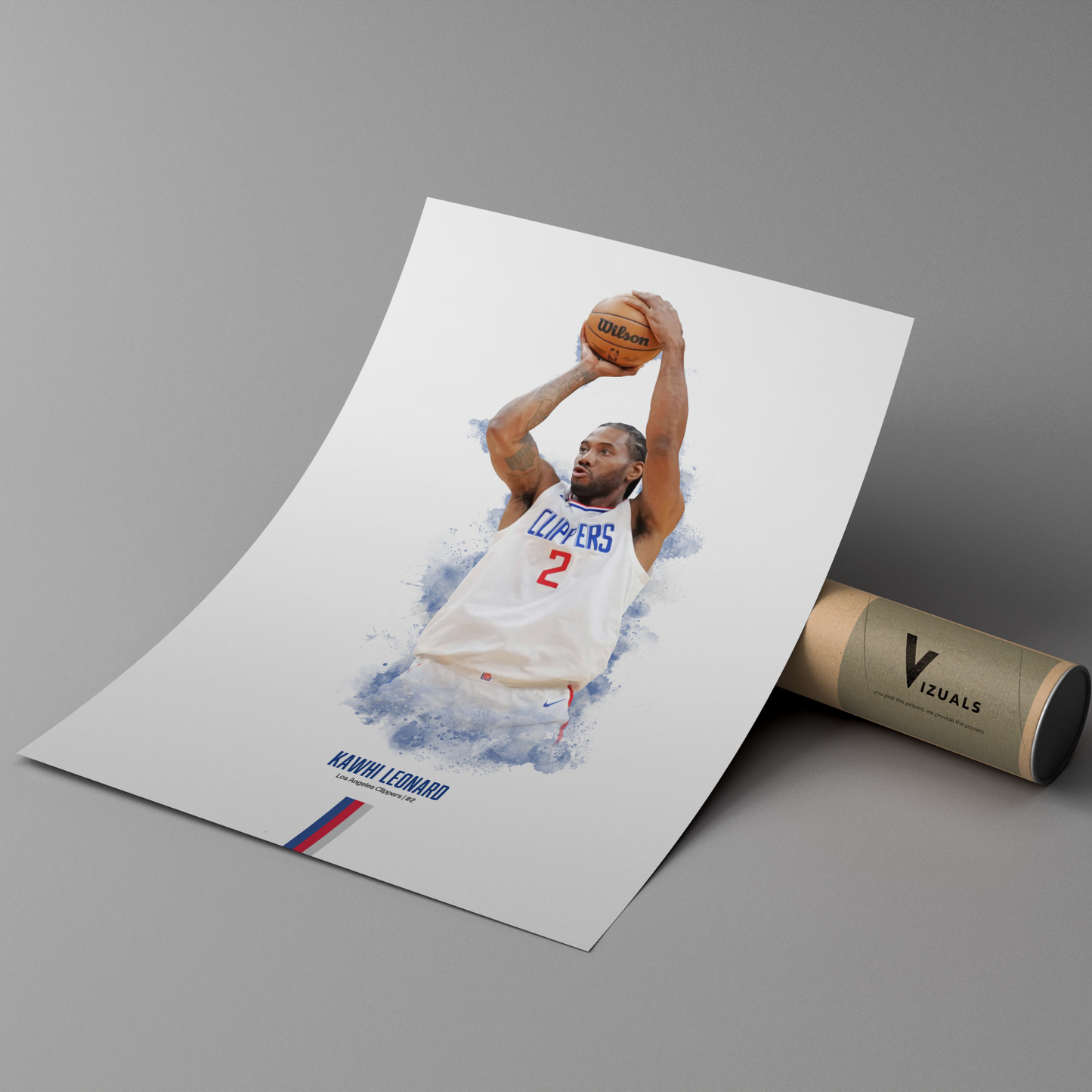 poster mockup of basketball player kawhi leonard leaning on a cardboard tube