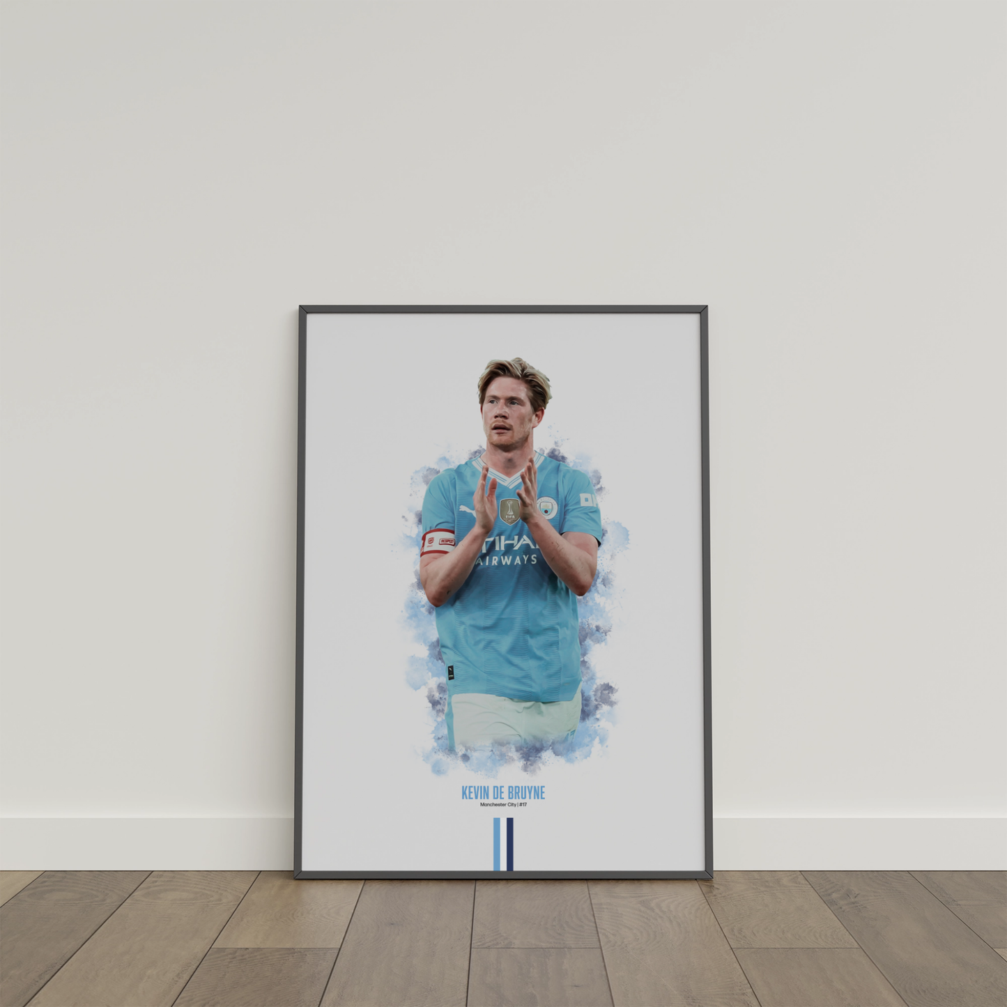 framed poster mockup of soccer player kevin de bruyne leaning on a white wall