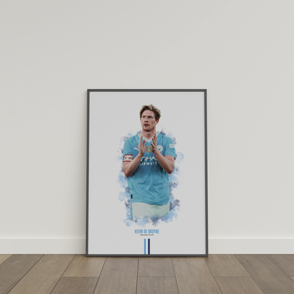 framed poster mockup of soccer player kevin de bruyne leaning on a white wall