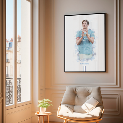 framed poster mockup of soccer player kevin de bruyne hanging in a living room