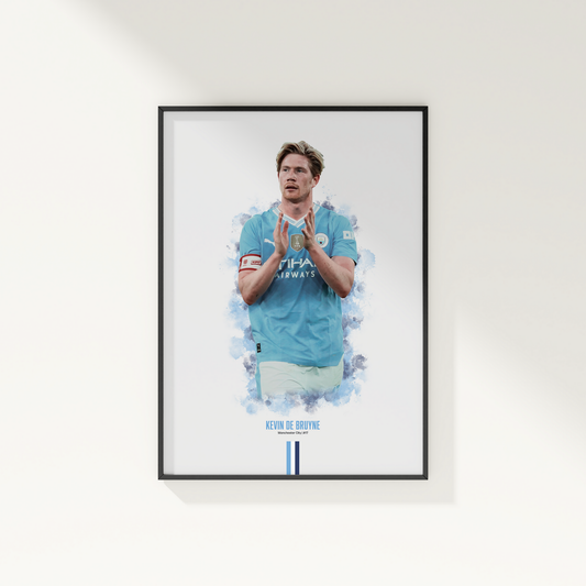 framed poster mockup of soccer player kevin de bruyne hanging on a white wall