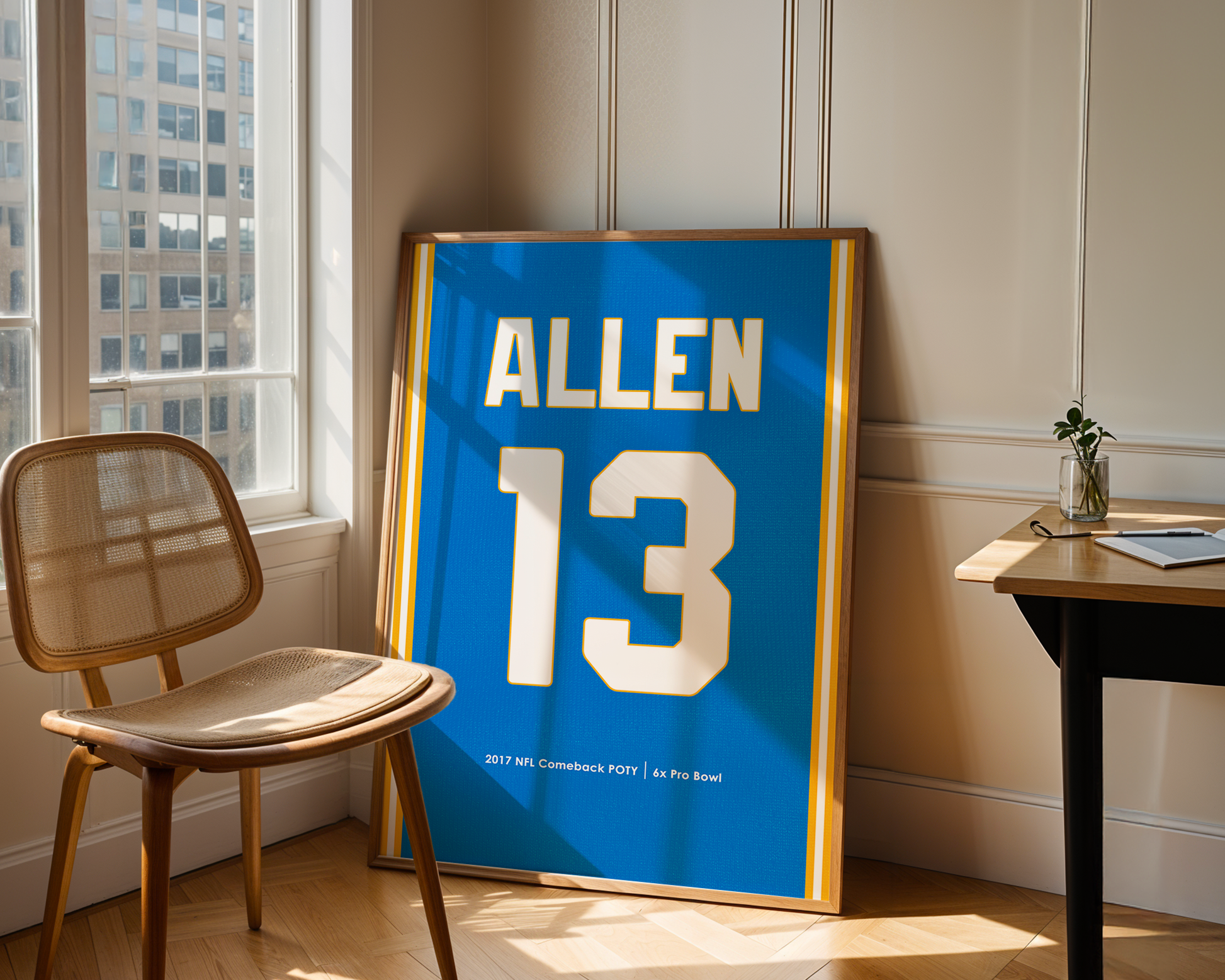 Framed sports jersey with 'Allen' and number '13' in a room with a window and chair.