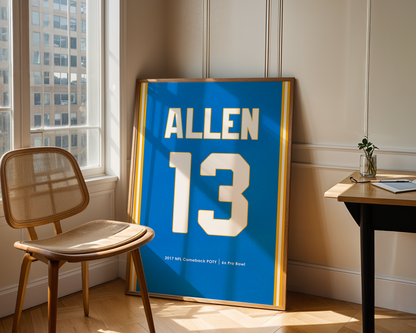 Framed sports jersey with 'Allen' and number '13' in a room with a window and chair.